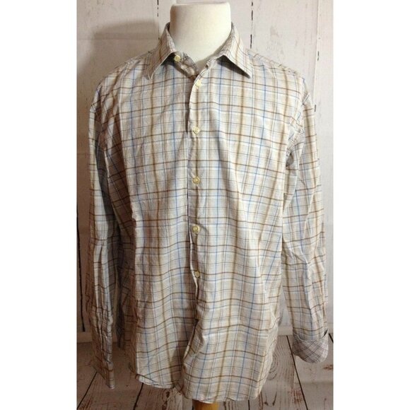 Egara Men's Modern Fit Shirt Plaid Beige/blue and brown flip cuff 2XL‎ XXL - Picture 1 of 4